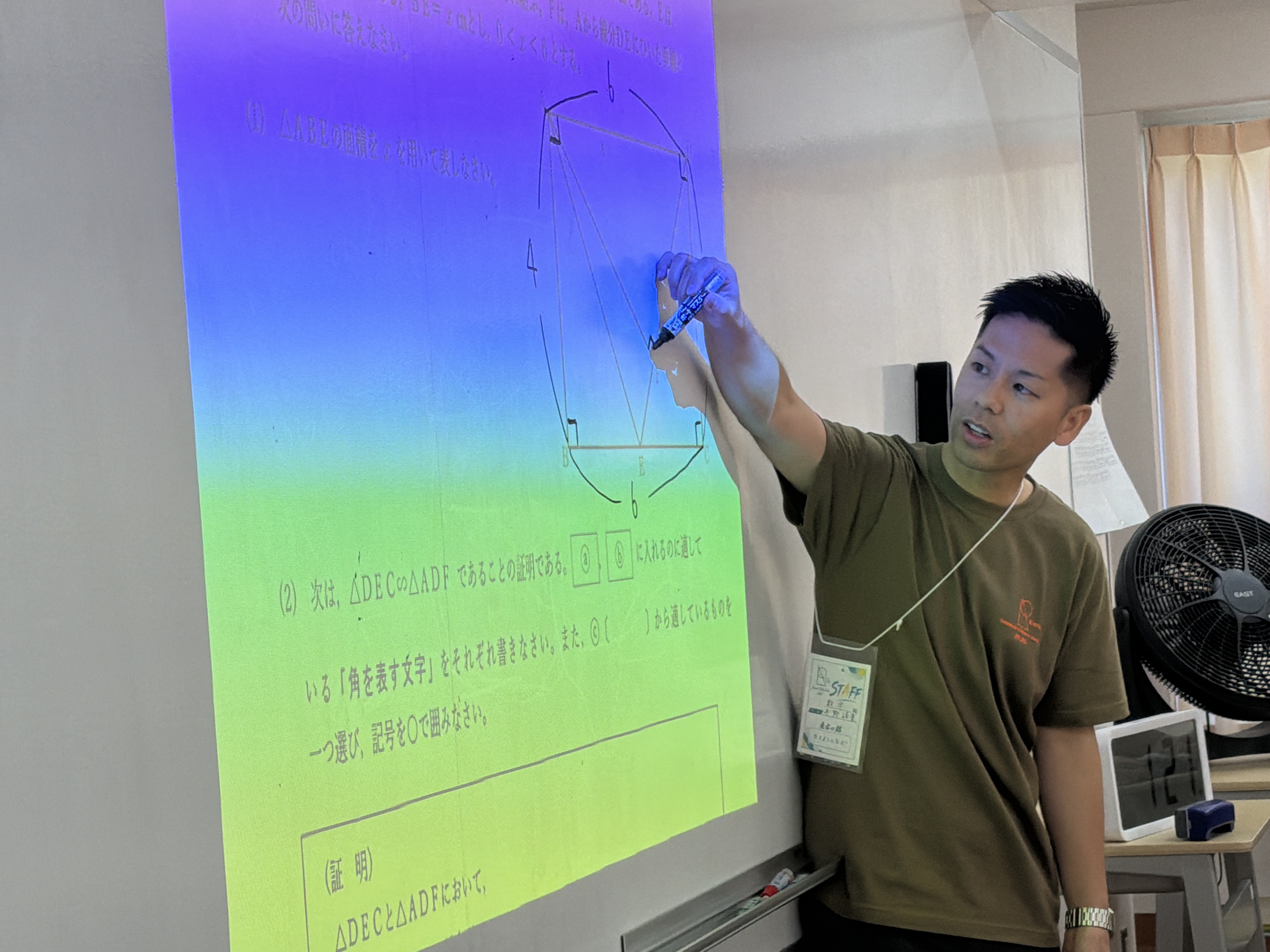 先生がスクリーンを使って授業を進める様子