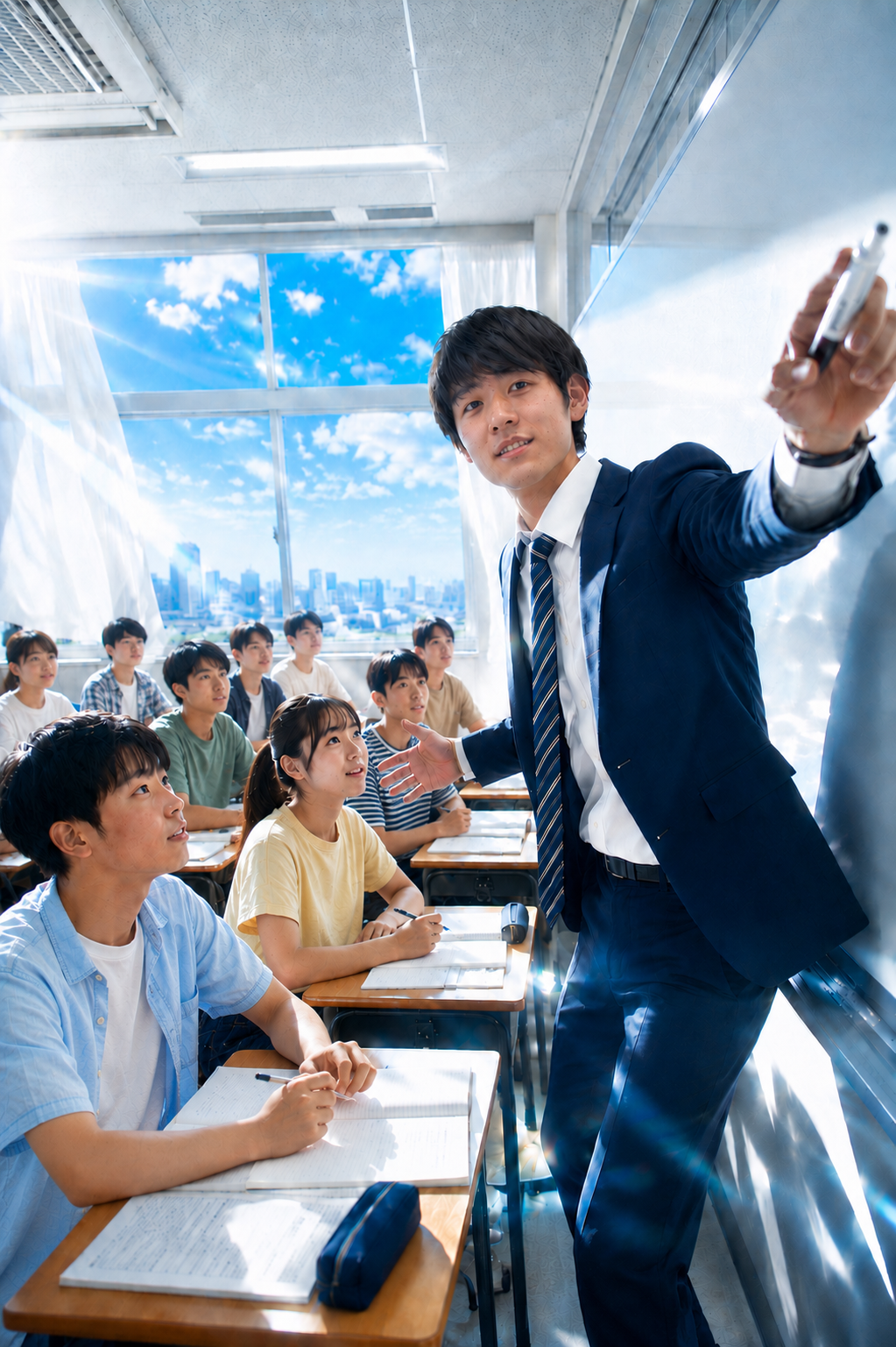 明るい教室で講師が授業を行い、生徒が集中して聞いている様子